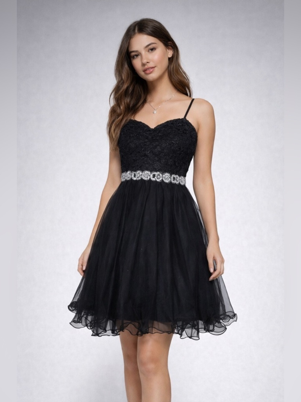 City Studio Black Lace Strapless Party Dress w/ Rhinestone Waist – Size 13